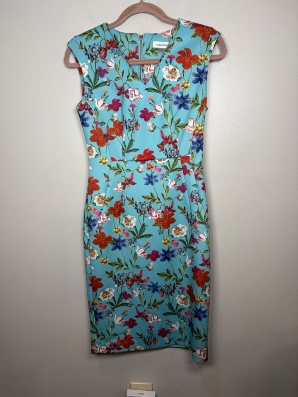 Calvin Klein Scuba Sheath Floral Dress Size 6 Blue Wedding Guest Church